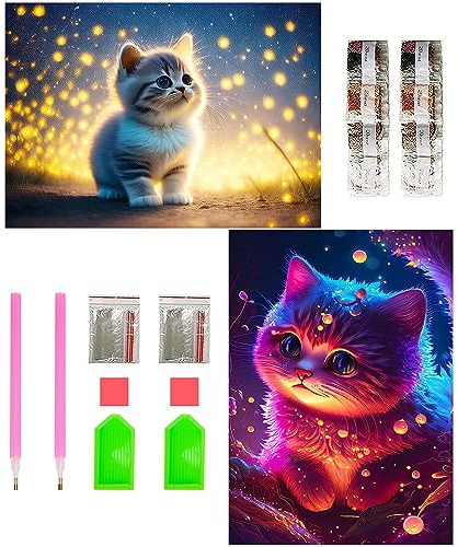 Diamond Painting Katze, 2 Pcs Diamant Painting Bilder, Diamond Painting Set für Erwachsene Kinder, DIY 5D Diamant Painting Katze, Strass Bilder Tier Diamant Kunst Kits Home Wall Decor 30x40cm