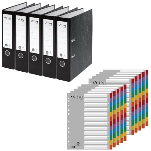 VON Leitz Set Ordner mit Register, 5er Pack Ordner A4, 100% Recycling-Karton, Für 600 Blatt, 80 mm Rückenbreite, Schwarz, 10531095 & 10er Pack 12-teiliges Register, 100% Recycling-Karton, 13010000