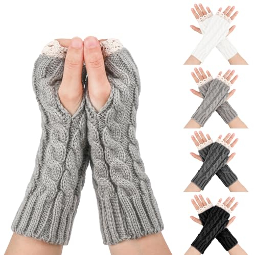 TAGVO Damen Winter Fingerlose Armstulpen, 4 Paar Halb Fingerlose Handschuhe mit Spitze, Häkeln Stricken Pulswärmer, Kurze Elastische Halbfinger Handschuhe Fingerlose Handwärmer für Alltagskleidung
