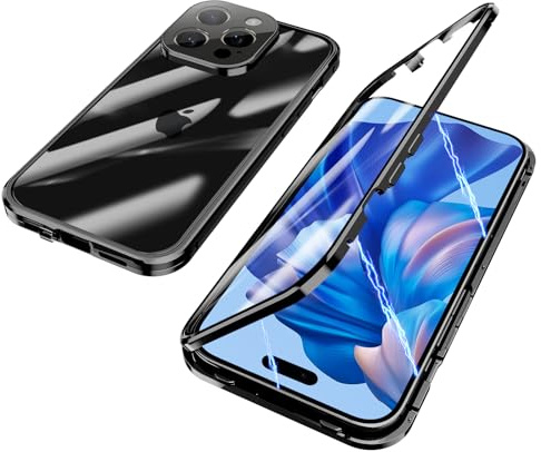 ksscaly Case for iPhone 15 Pro Max, 360 Degree Full Protection Magnetic Adsorption Metal Bumper with Safty Lock Front and Back Tempering Glass Flip Cover for iPhone 15 Pro Max (6.7 inch) (Black)