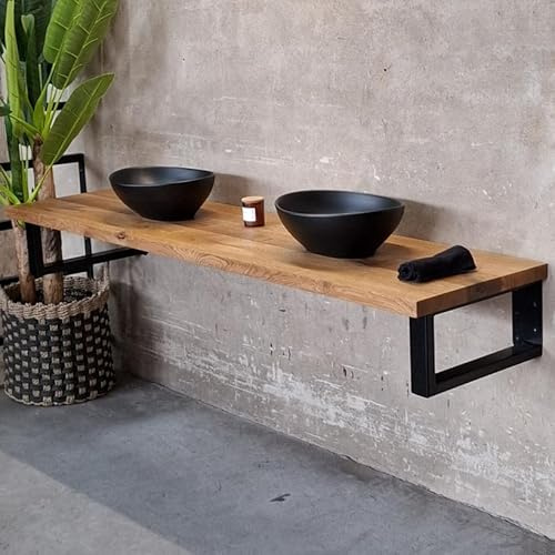 MyTimber® Waschtischplatte aus Eiche Massivholz | 4cm Starke Eichenbohlen | Ideal für Aufsatzwaschbecken | Baumkante oder gerade Kante (Gerade Kante - Gespachtelt & geölt, 140x50cm)