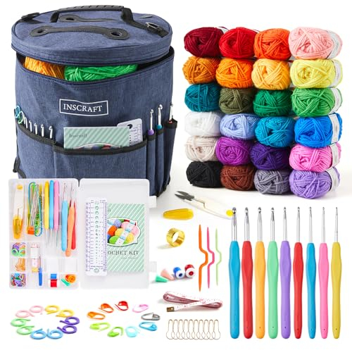 Inscraft 24 Farben Häkelwolle Set, Premium Wolle Set mit Faden, Haken, Anleitung, Aufbewahrungsbeutel, Häkelgarn, Strickwolle Set für Erwachsene, Anfänger und Profis Häkelndeln, Zubehör, Tasche