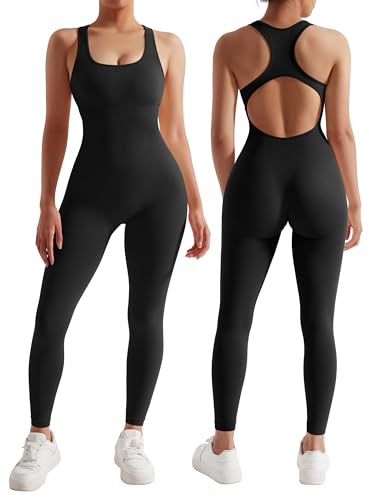 RXRXCOCO Gerippte Ärmellos Jumpsuits Damen Lang Eng Tank Rückenfreie Padded Einteiler Bauchweg Sport Yoga Overall Romper