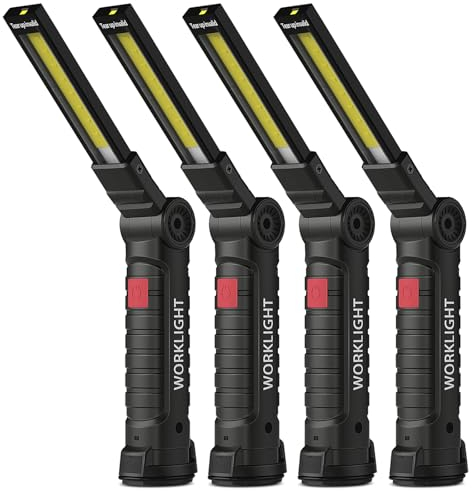 Cadeau Homme, Coquimbo Lampe de Poche Lampe de Travail Rechargeable Lampe Atelier COB Torche avec Base Magnétique 5 Modes Camping Lampe pour Garage, Camping, d'urgence, etc (Noir, 4 Pièces)