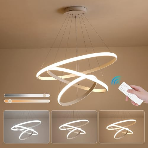 LXJCSM LED Lampadario a Sospensione, 50W Lampadario Soggiorno Dimmerabile 3000K-6000K, Lampadari Moderni a 3 anelli Φ20+40+60cm, Lampadario Led Plafoniera Per Soggiorno Sala Da Pranzo Cucina, Bianco