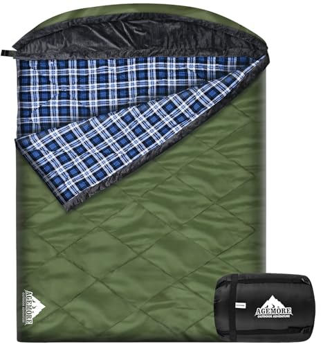 AGEMORE Baumwolle Flannel Doppelschlafsack mit Fleece Futter Kapuze, wasserdicht Queen Size 2 Person Schlafsack für Erwachsene Kaltes Wetter Camping Rucksack oder Wandern, 3-4season