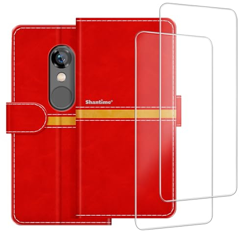 ESACMOT Handyhülle Kompatibel mit Unihertz Jelly 2E Mini + [2 Pack] Displayschutzfolie Glasfolie, Premium Leder Magnetische Schutzhülle Cover für Unihertz Jelly 2E Mini (3 Zoll) Rot