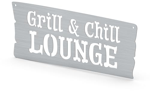 MaTaDa® Edelstahl Grillschild | Moderner Wandmontage Schild für Outdoor Küche | Silber, 39 cm x 17,5 cm