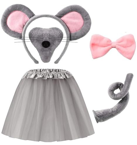 mefound 5Pcs Mouse Costume Accessory Set - Cute Animal Ears Tail Nose Bow Tie and Tutu Cosplay Costume Adults Kids Accessory Fancy Dress Party