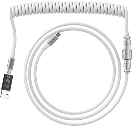 XINMENG X ATTACK SHARK C04C Coiled Gaming Keyboard Cable, TPU Extendable Custom USB C Aviator Cable, Type-C to Type-C, with USB to USB C Adapter, for Mechanical Keyboard Laptop MAC - White