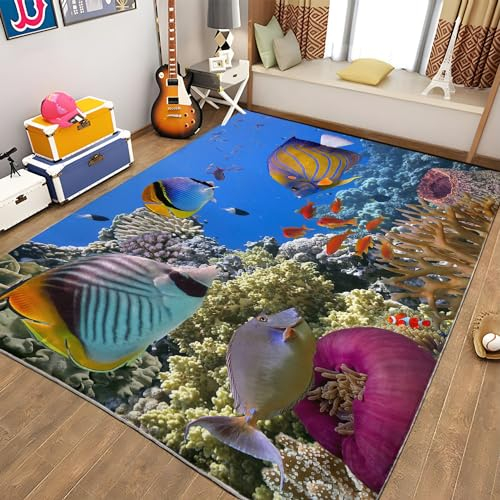 Blau Teppich 80 x 150cm Meeresleben Und Fische Kinder Teppich Dekoration Schlafzimmer Kinderzimmer Wohnzimmer, Modern rutschfest Waschbar Flanell Kinderteppiche Heimdekoration