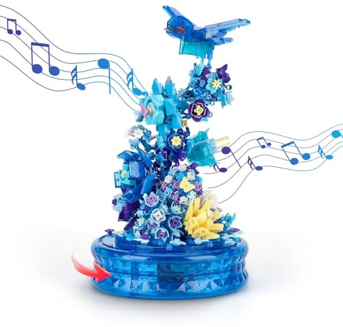 QLT QIAOLETONG Blaue Blumen Vogel Musikbox Bausatz mit LED Licht, Blumen Tiere?Rotierende Spieluhr klemmbausteine Baustein, Deko Geschenk für Mädchen 6-12 und Erwachsene (636+PCS)