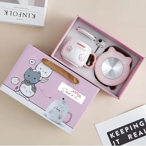 Générique Tasse à température constante chat en céramique avec couvercle et cuillère pour le bureau ou la maison boîte cadeau, 092501