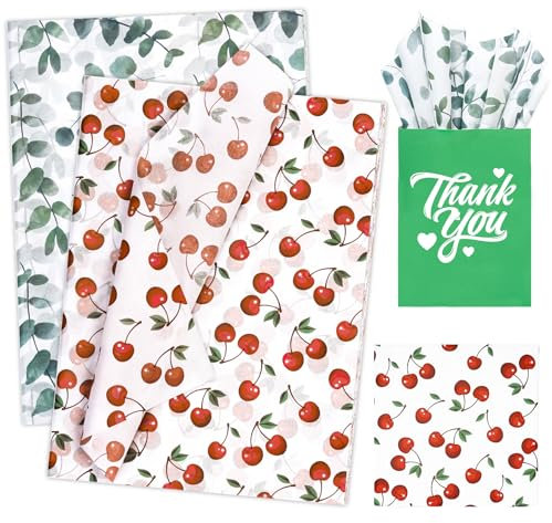 Larcenciel 60 Hojas Papel de Seda para Envolver, Romántico Papel Seda Rojo y Verde para Bolsas de Regalo, Mate Papel de Regalo con Cerezas y Hojas para Cumpleaño, Navidad, Boda, DIY, 50x35CM