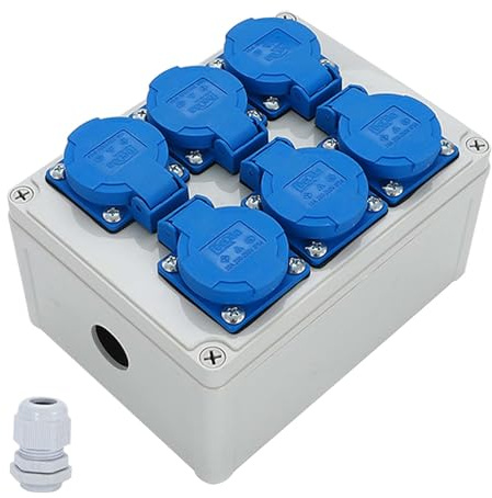 Distributore da parete 6 x 220 V: classe di impermeabilità IP54, distributore di corrente da costruzione, distributore a parete con morsetto di collegamento, distributore di corrente per interni ed