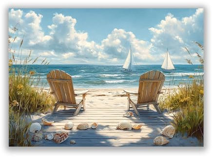 SHYAMIC Bilder Strand Meer, Strandkörbe und Muscheln Leinwandbilder Bild auf Leinwand Wandbild Kunstdruck Wanddeko Wand Wohnzimmer Wanddekoration Deko Landschaft - 50x70cm Ungerahmt