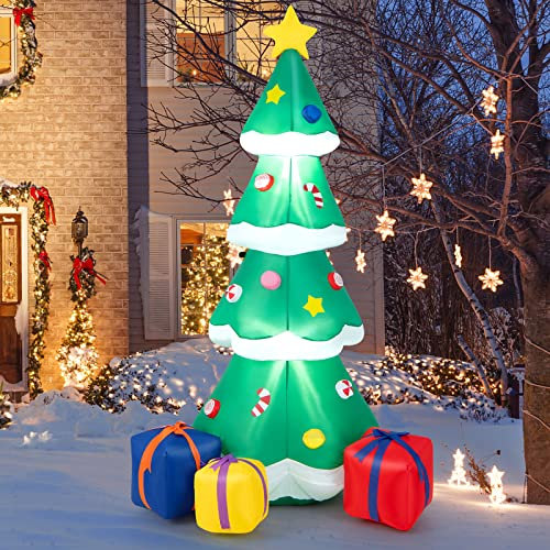 COSTWAY 180cm aufblasbarer Weihnachtsbaum mit Geschenkbox, LED Weihnachtsdekoration, Weihnachtsdeko aufblasbar Polyester, Weihnachtsbeleuchtung für Hof, Rasen, Garten, Party, selbstaufblasend