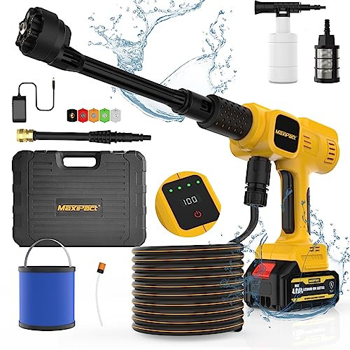MAXIPACT Idropulitrice senza fili, idropulitrice portatile Max-1080PSI con touch screen LCD, regolazione 4 velocità, idropulitrice a batteria da 4,0 Ah con ugello 6 in 1, idropulitrice senza fili per