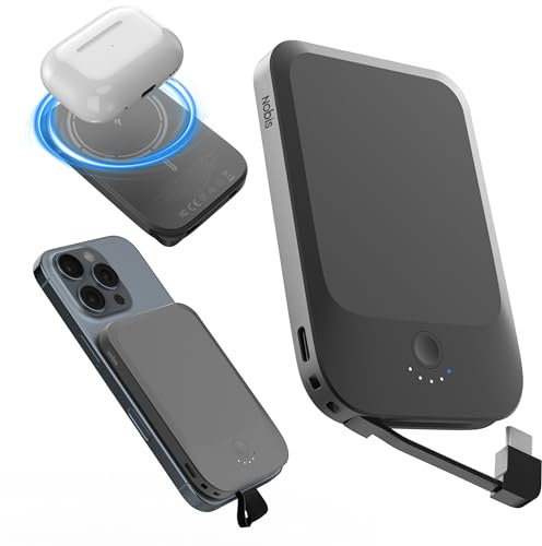 Nobis Slim Power Bank Magnetico 5000mAh con Cavo Integrato Caricatore Portatile QC 3.0 22,5W PD Ricarica Rapida USB C In/Out, per MagSafe 15W Powerbank per Phone 16 Android (Nero)
