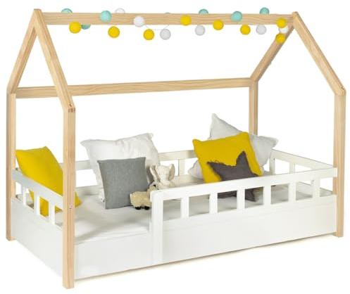 IDMarket - Kinderbett Baumhaus 80 x 160 cm NEREE weiß und Buche mit Lattenrost und Gitter