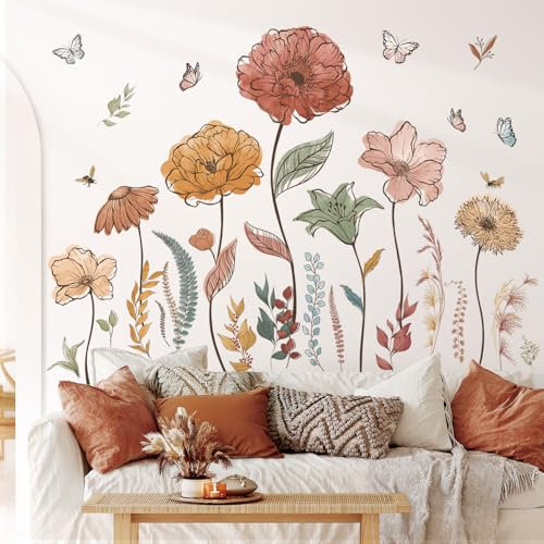 DECOWALL SG2-2420 Boho Flower Wall Stickers Wildflower Floral Grass Peel and Stick Wall Art Wall Decals for Living Room Bedroom Home Decor TV Office Wall
