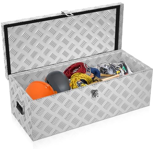 NAIZY Alukiste mit Deckel 60L Aluminium 76x33x24 cm Transportbox Werkzeugkasten mit Schloss & Schlüsseln & Griff Werkzeugbox Transportkoffer, Silber