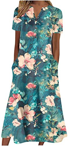 Keepink Maxikleider für Damen, Sommer, lockeres Freizeitkleid, Blumenmuster, lange Kleider, Knopf, V-Ausschnitt, formelle Kleider, Hochzeit, Gast, Anlass, Boho, Strand, Urlaub, Kleider mit Taschen, 4
