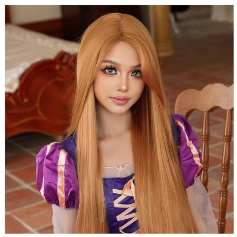 Bamboo Sea Perücken 48-Zoll super Lange hellbraune Halloween-Cosplay-Perücke for Damen, Party, Rapunzel mit Langen, Flauschigen Locken Perücke aus Echthaar