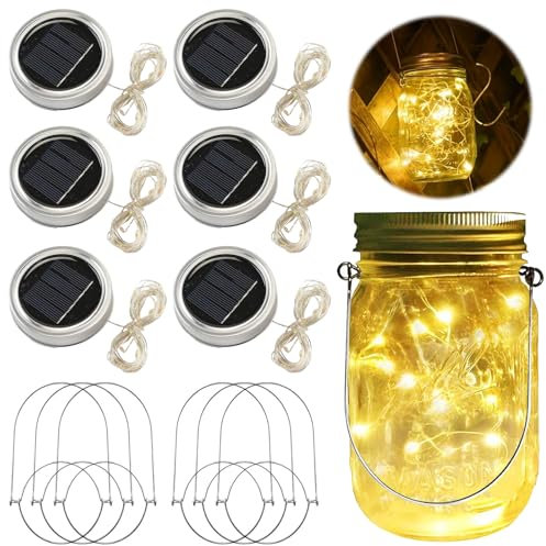 HUIKUANGEU Solarlampen für Außen,6 Stück 30 LED Solar Mason Jar Licht 3m,Solar Mason Jar Light Deckel,Laterne im Einmachglas Hängen,für Garten,led Solarglas Solarleuchten