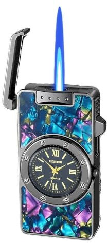 bcdef Butan-Fackelfeuerzeug mit Uhr, Winddichte Jet-Flamme, nachfüllbares Butan, ultradünnes, praktisches Multifunktionsfeuerzeug for Kerzencamping(Black 4)