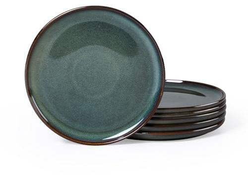 Homikit Stoneware Side Plates Set of 6, Blackish Green, 20.1cm Round | Small Dining Plates for Salad Cake Dessert Appetisers & Snacks, Reactive Glaze & Non-scratch, Dishwasher and Microwave Safe