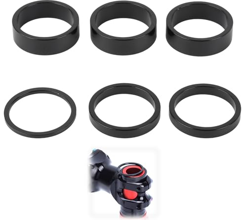 6 Pcs Headset Spacers 1 1/8, Aluminium Alloy Adjustable Spacer for Bikes, 28mm MTB & Road Bike Stem Spacers Set (2mm/2x5mm/3x10mm), Riser Spacer Set for Handlebar, Lightweight and Easy to Install