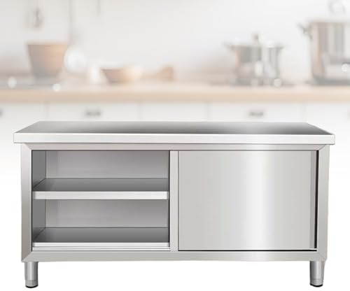 Küchenvorbereitungstisch aus Edelstahl, kommerzielle Werkbank für Gastronomie und Restaurant-Lebensmittelzubereitung, 80 x 59,9 x 80 cm, Schiebetür-Design