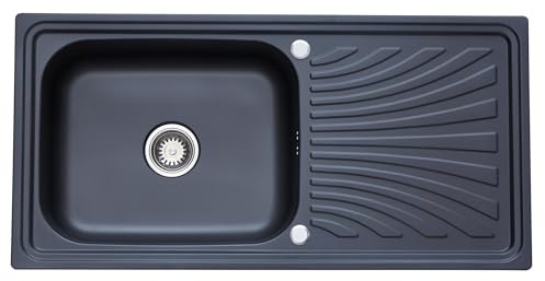 RUMO Black Anthracite Nano Coated Stainless Steel Kitchen Sink 1.0 One Single Large Deep Bowl Reversible Sinks Includes Waste Kit 100x50cm (Echo 10050BB)