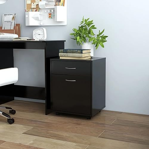 QUAHEAS Armoire à roulettes, noire, 45 x 38 x 54 cm, en bois dérivé du bois, avec 1 porte et 1 tiroir, mobile sur roulettes, armoire de rangement pratique pour bureau, salon