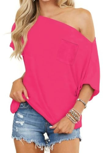 LACOZY Women's Summer Off Shoulder Tops Short Sleeve Casual Loose Fit Batwing Shirts Y2K Top T Shirt Oversized Blouse