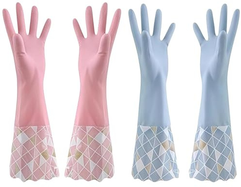 HUANYO 2 Pairs Extra Thick Rubber Gloves with Flocked Lining & Non-Slip Grip, Durable Household Cleaning Gloves for Kitchen, Dishwashing and Bathroom, Warm & Waterproof