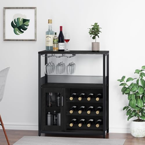 Industrial Wine Rack Cabinet with Wine Glass Holder, Drinks Cabinet with Storage Door, Adjustable Shelves, Metal Frame Wine Storage Sideboard for Living Room, Kitchen, Dining Room, 69 x 35 x 92 cm