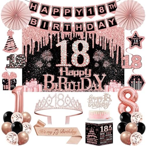 18th Birthday Decorations for Girls, Rose Gold 18th Birthday Party Kits | 32pcs Happy 18 Years Old Party Decorations Set, Backdrop, Crown, Sash, Banner, Cake Topper, Balloons, Card, Paper Fans