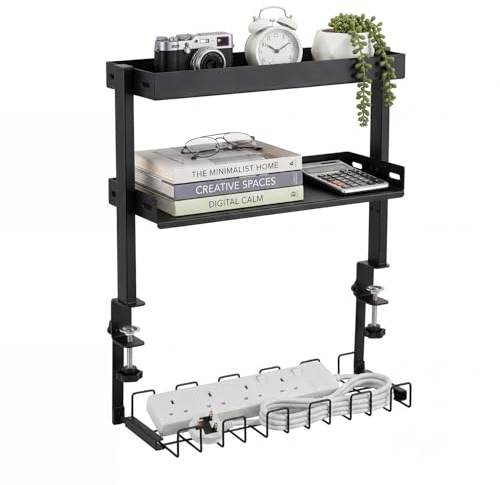 DongRong Clamp On Desk Shelf, 2-Tier Desk Organizer with 7-Color LED Light | No drill, adjustable height & depth, under-desk cable tray, desk accessories for office, gaming & home