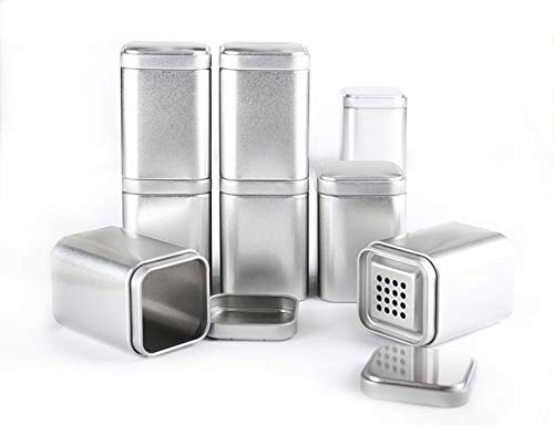 8 Spicebar Gewürzdosen Eckig Set mit Aromadeckel + 8 Etiketten + 4 Streueinsätze, Aromadose Maße: 8x6x6 cm