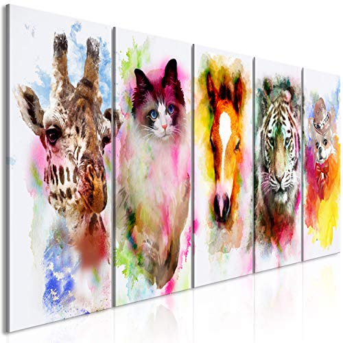 decomonkey Bilder Tiere Porträt 200x80 cm 5 Teilig Leinwandbilder Bild auf Leinwand Wandbild Kunstdruck Wanddeko Wand Wohnzimmer Wanddekoration Deko Aquarell Bunt Giraffe Katze Pferde Tiger Hund