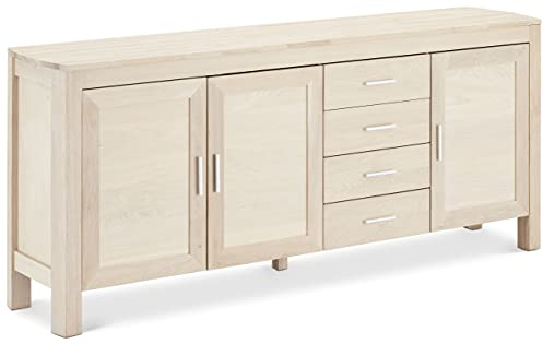 Ibbe Design Natur Massiv Eiche Sideboard Anrichte Landhausstil Kommode mit 3 Türen und 4 Schubladen Paris, Weißöl-Finish, 194x42x82 cm