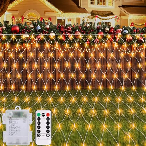 echosari Battery Operated Net Lights, 100 LED Net Fairy Lights 8 Modes Remote Timer Dimmable Garden Patio Mesh Lighting for Bush Deck Fence Wall Party Wedding Christmas Decor (Warm White)