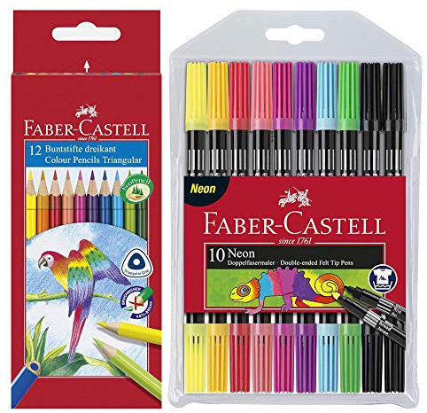 Faber-Castell - Buntstifte Dreikantform Kartonetui 12er + Fasermaler Neon 10er