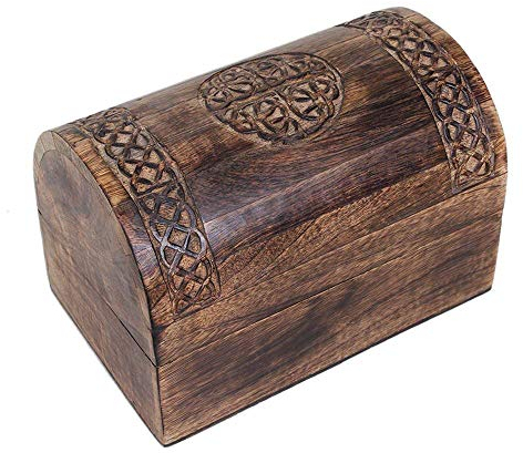 Ajuny Grande boîte de rangement en bois pour souvenir organisateur de bijoux polyvalent avec des sculptures celtiques sur le couvercle incurvé