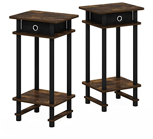 Furinno 2-17017 Turn-N-Tube hoher Beistelltisch mit Aufbewahrungsbehälter, Bernsteinkiefer/Schwarz/Schwarz, 2er-Set