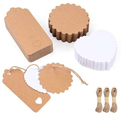 ABSOFINE Geschenkanhänger Kraftpapier 150 Stück, 3 Designs Blank Kraftpapier Anhänger mit 30M Jute Schnur, Braun & weißGeschenkanhänger für Hochzeit, Handmade, Taufe, Basteln,Geschenk