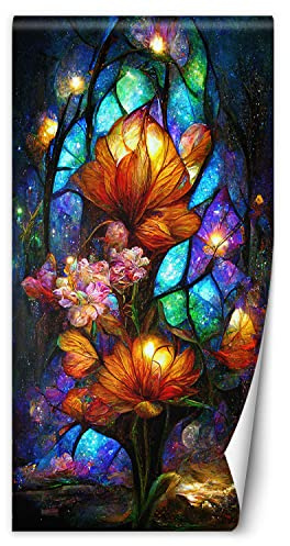 Feeby Türtapete Fototapete Blumen, Buntglas 90x200 cm Türposter Türpanel Vlies Tapete Wohnzimmer Schlafzimmer Kinderzimmer Büro Fantasie Natur Orange