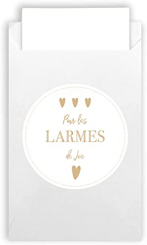 Plantvibes Fazzoletti Matrimonio Lacrime di Gioia - 100 Buste Matrimonio & 100 Adesivi Lacrime di Gioia Matrimonio - French Version White - Realizzato in Carta Naturale in Stile Vintage
